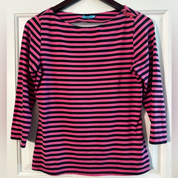 J. McLaughlin XS Pink Navy Striped Wavesong Catalina Cloth Nautical Boat Neck - Picture 1 of 8